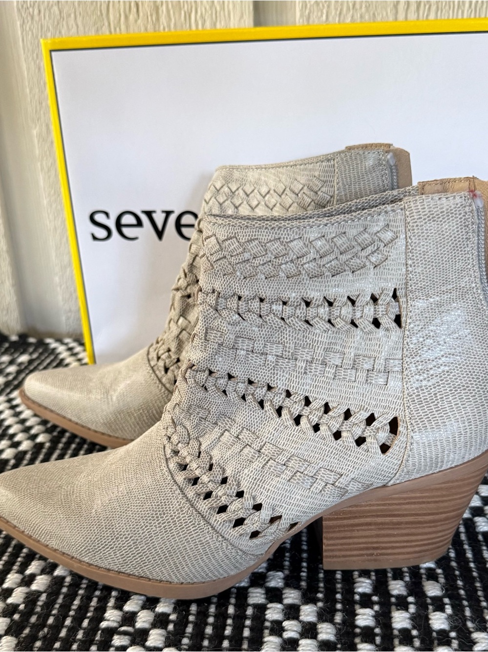 Seven Dials Quinn Woven Cutout Ankle Boots in Bone/E-Print Fabric